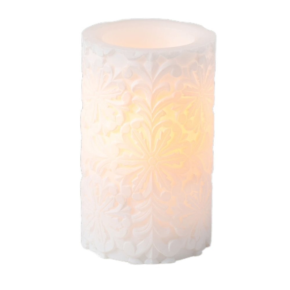 NIP- Carved Real Wax Flameless LED Snowflakes Pillar Candle